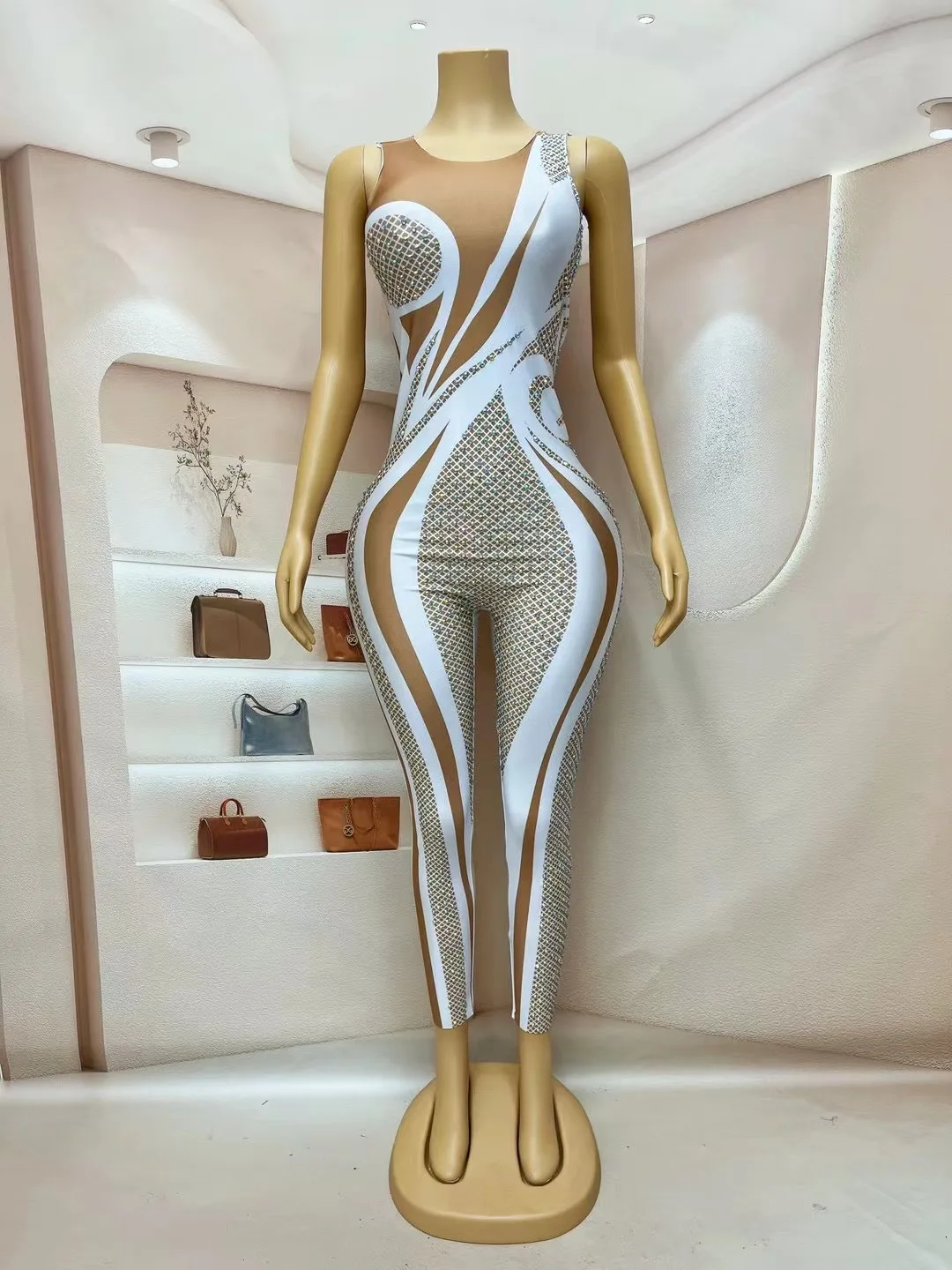 Women High Street Sparkly AB Crystals White Printed Jumpsuit Nightclub Birthday Party Stage Performance Dance Rompers Outfit 5