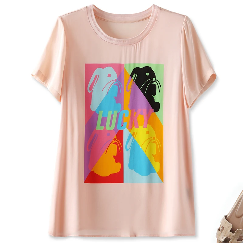 

Real Silk Women's T-shirt 2023 Summer O-neck Short Sleeve T shirt For Women Casual T-shirts Animal Print Tees Woman Tops Loose