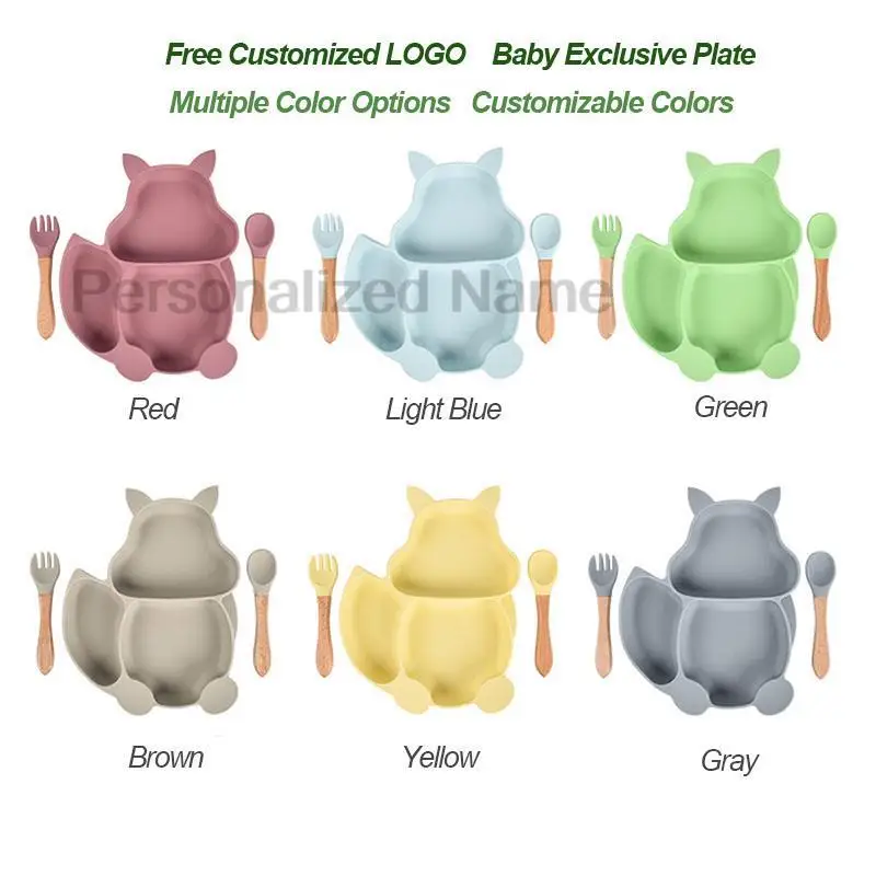Free Custom Logo Baby Soft Silicone Sucker Bowl Plate Non-slip Squirrel Spoon Fork Sets Children's FeedingTableware  BPA Free 6