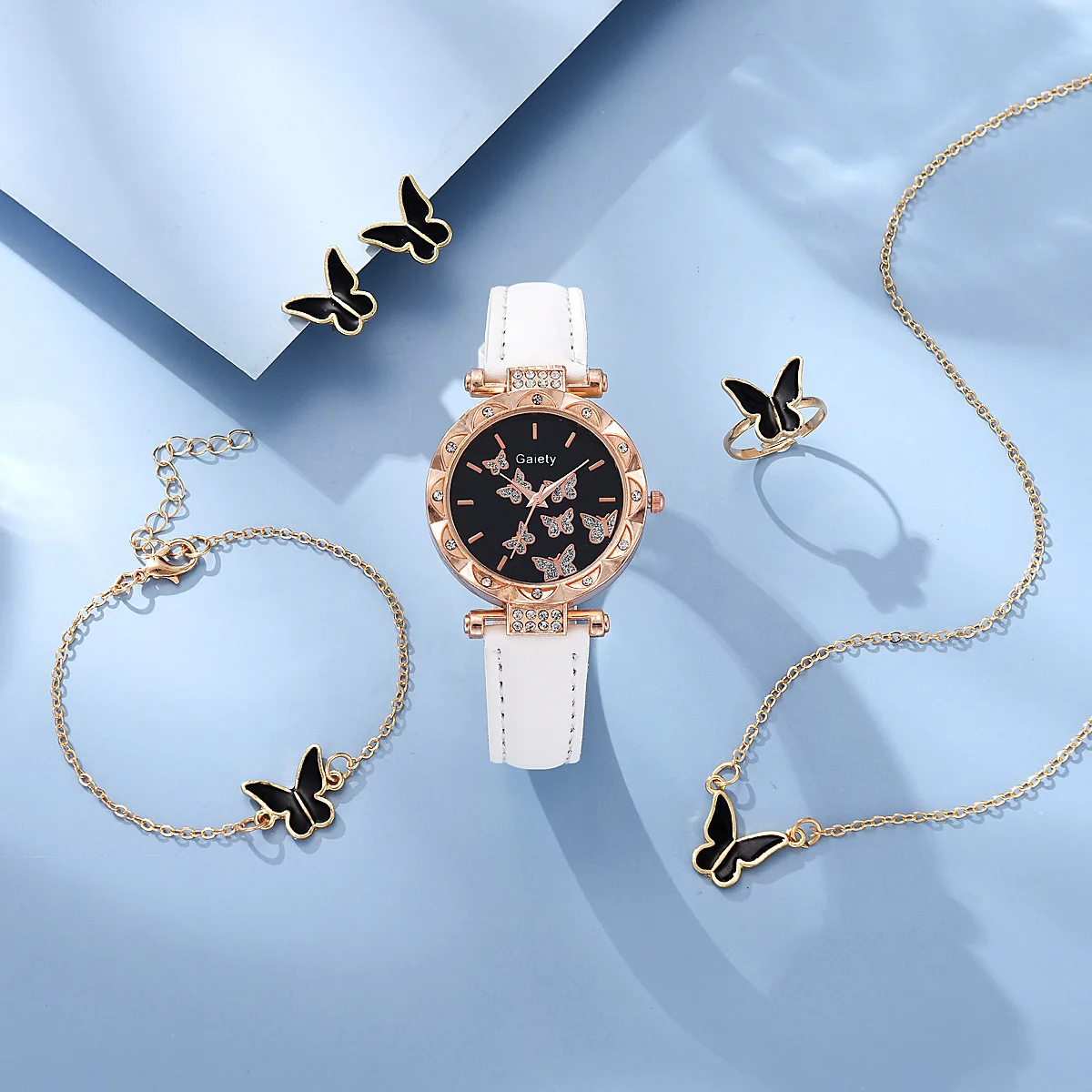 

5 шт., набор часов-бабочек, браслет, разноцветный кожаный ремешок, зеркальные кварцевые часы, роскошные женские часы, женские часы