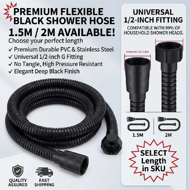Black Stainless Steel Shower Hose 1.5M/2M Flexible Anti-winding Bathroom Water Pipe G1/2 Interface Explosion-proof Shower Tube 1