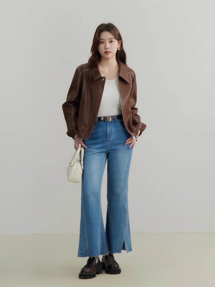 DUSHU PU Leather Women Short Jackets Polo Neck Contrasting Line Design Retro Brown Coats Drawstring Hem Jacket 24DS81258