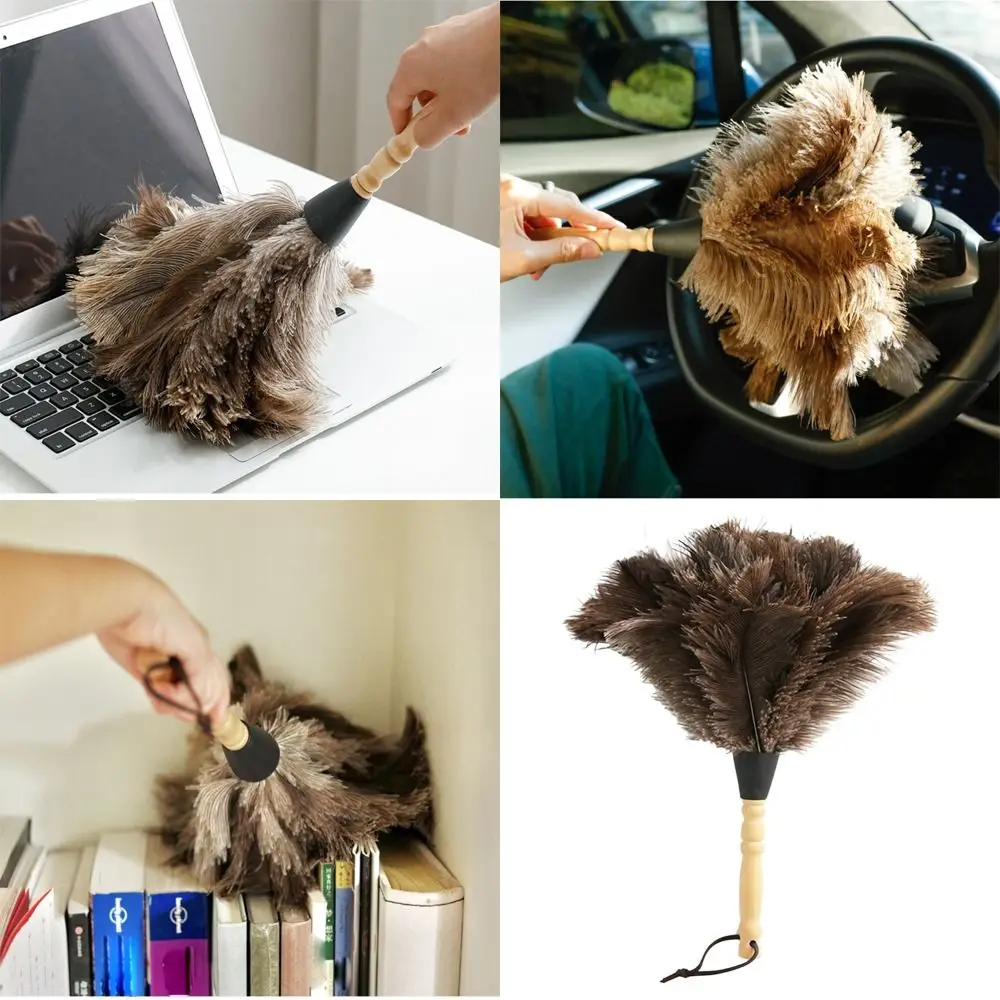 Feather Duster Wooden Handle Anti-static Dust Removal Ostrich Feather Fur Brush For Home Cleaning Tools