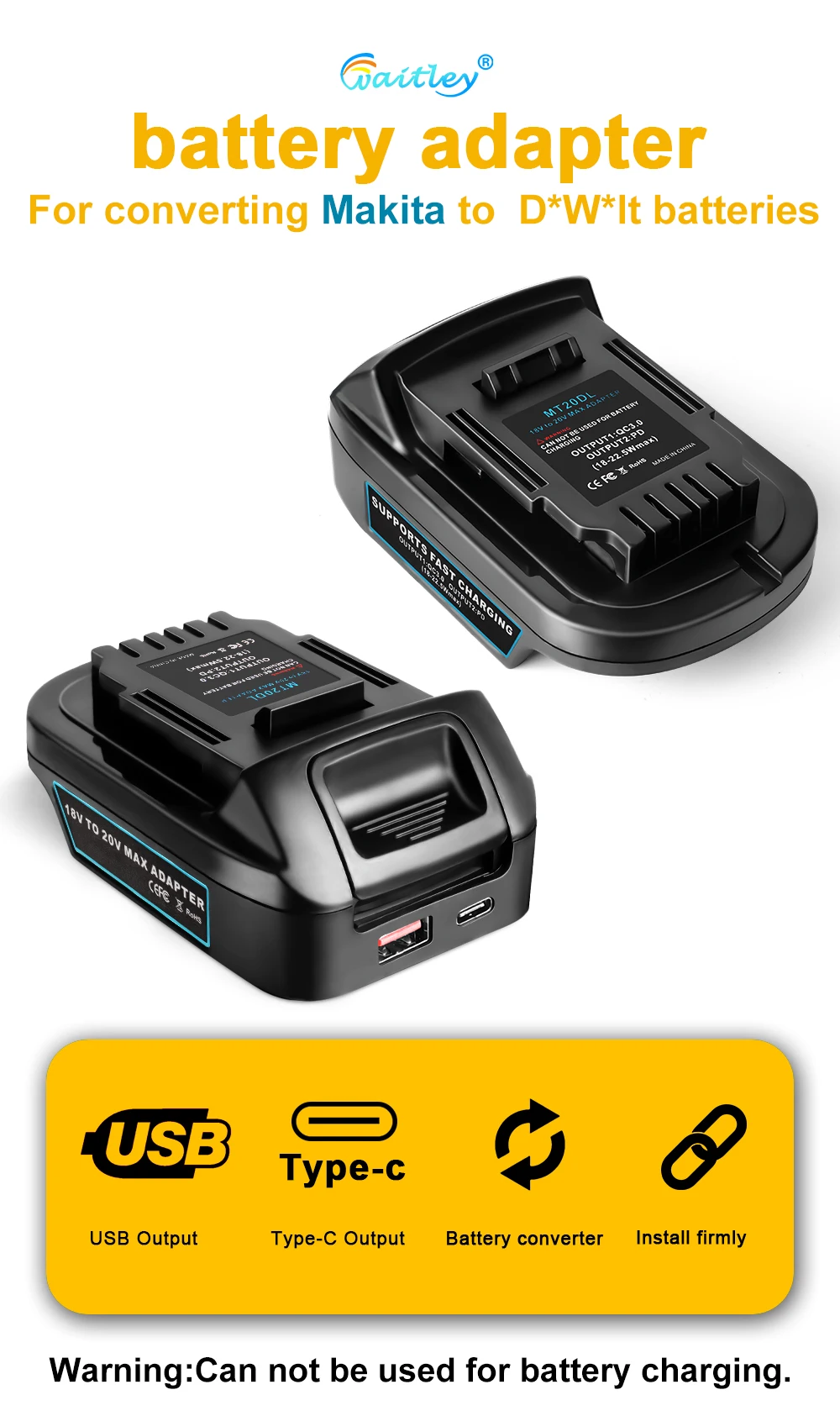 Battery Adapter for Makita 18V conversion to DEWALT 18V / 20V Batteries Power To