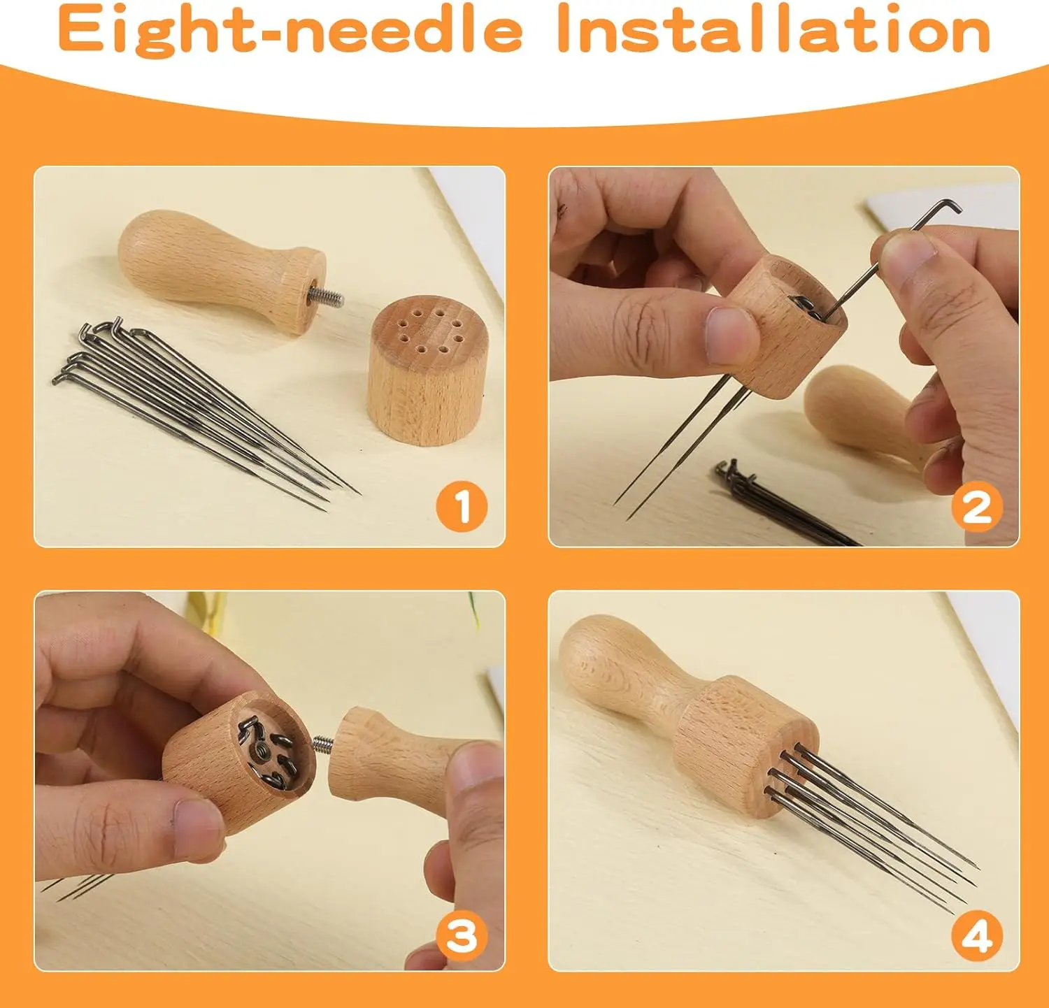 Felting Needle with Eight Tool Craft Wool Felt Stitch Punch with Solid Wood Handle Felting Eight Needles Tools Finger Cots