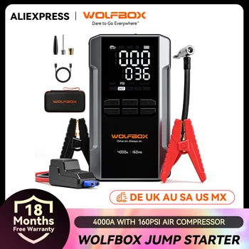 WOLFBOX 4000A Jump Starter con compressore d'aria 160PSI, batteria per auto da 12 V, ricarica rapida da 65 W, gonfiatore portatile per pneumatici da 24000 mAh