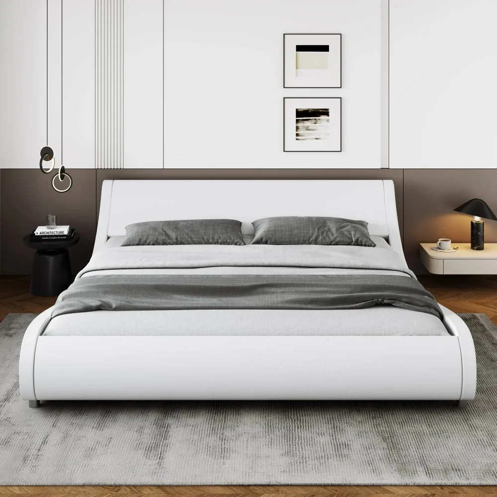 King Size Upholstered Bed Frame,Deluxe Low Profile Sleigh Bed with Faux Leather Ergonomics Headboard,White  No Box Spring Needed 2