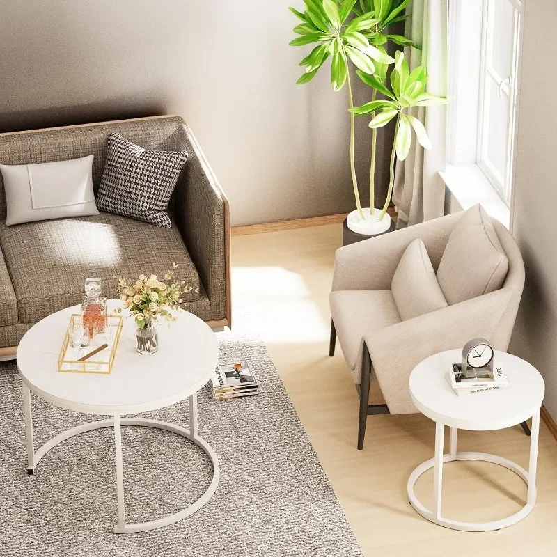 Nesting Coffee Table Round Side Table Set of 2 End Tables for Living Room Bedroom Balcony, Wooden Stacking Accent Coffee Tables 2