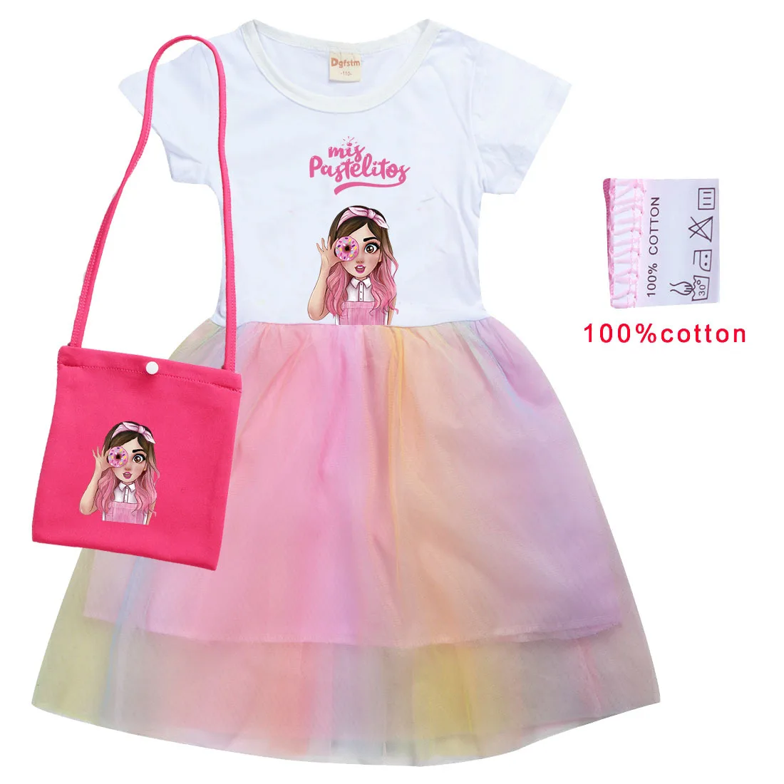 Mis Pastelitos Cartoon Costume Kids Summer Rainbow Dress Girls Wedding Party Princess Vestidos Baby Girl Short Sleeve Dresses