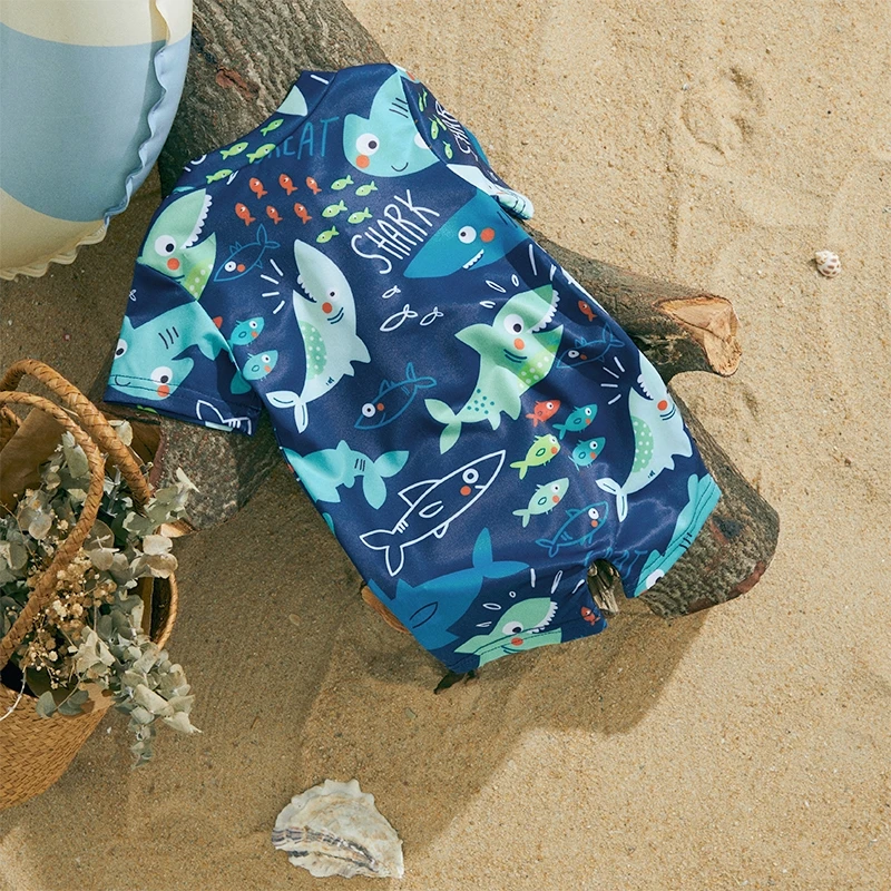 Toddler Baby Boys Shark Printed Swimwear Kid Children Beachwear Short Sleeve Zipper Bathing Suit Infant Swimsuit