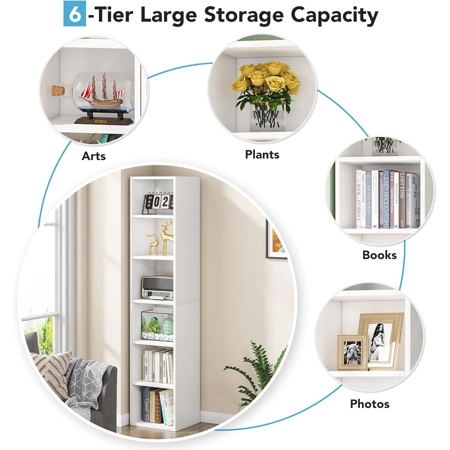 Tribesigns 6-Tier Bookshelf Storage Corner Shelf, 75 Inches Tall Narrow Bookcase, Skinny Open Storage Display Rack For Living Room, Bedroom, Kitchen, Bathroom, Grey