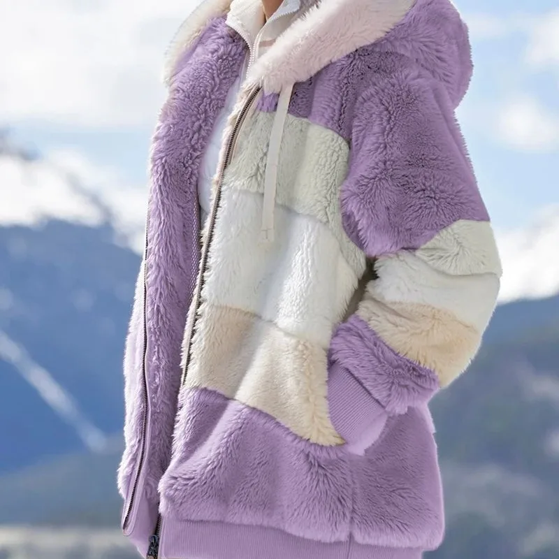 Women's Clothing Wear New Autumn Winter Loose Striped Plush Multi Color Hooded Coat Casual Loose Fashion Zipper Warm Tops