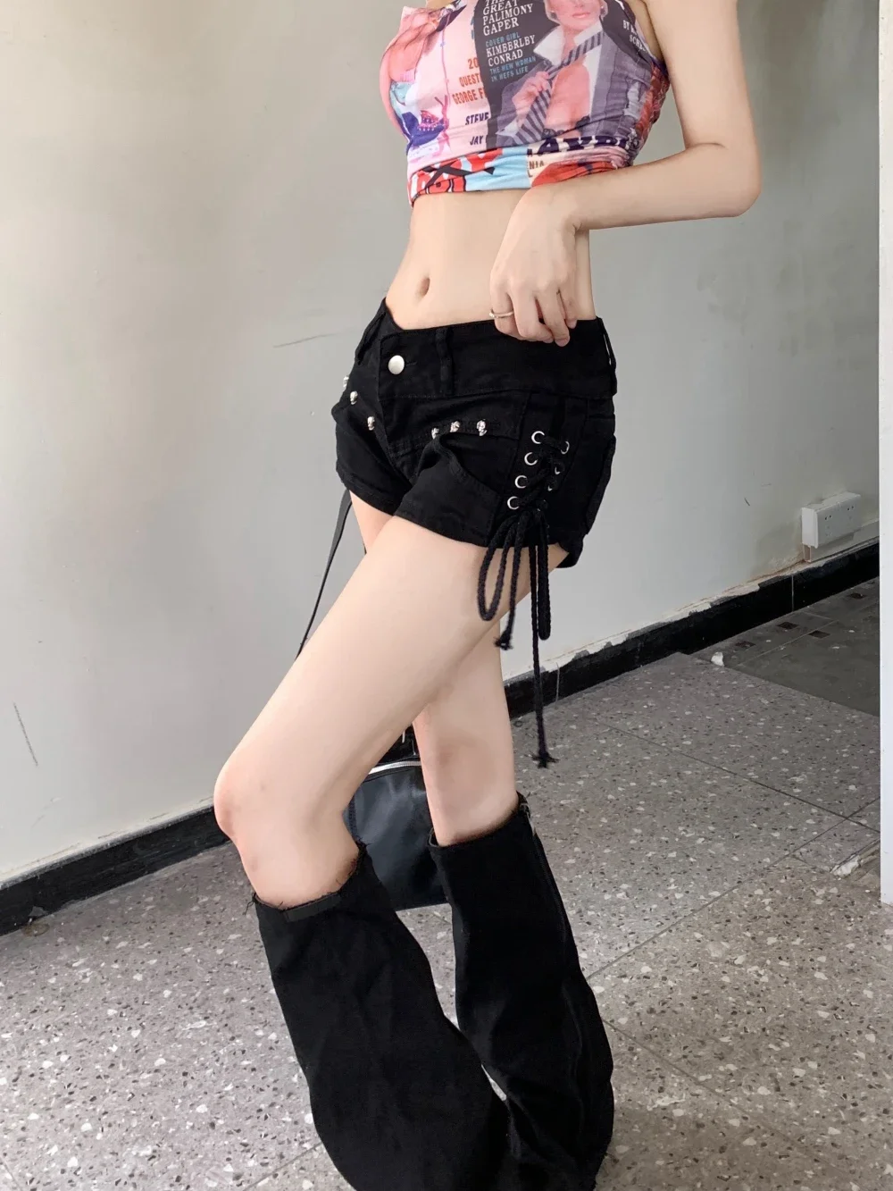 American Retro Black Sexy Skull Mini Jean Shorts Women Y2k