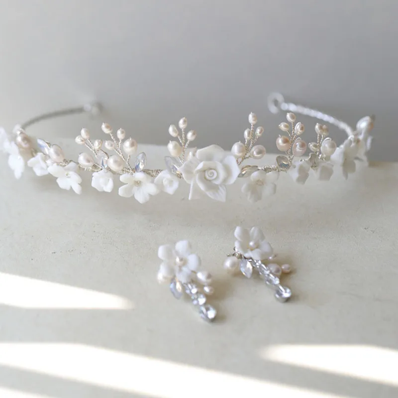 SLBRIDAL Handmade Opal Crystal Porcelain Flower Freshwater Pearl Bridal Tiara Earring Wedding Princess Party Crown Women Jewelry
