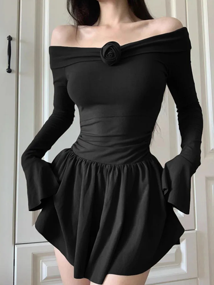 

Черные мини-платья, женское сексуальное платье с открытыми плечами, женское элегантное облегающее платье с расклешенным рукавом, Женские Плиссированные Платья с цветочным принтом и оборками