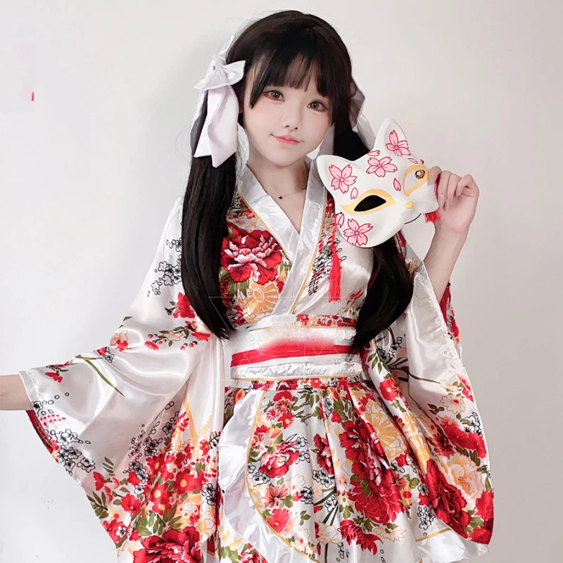 

Traditional Japanese Formal Kimono Cosplay Anime Summer Breeze Print Improved Bathrobe Sweet Style 2Piece Disfraz