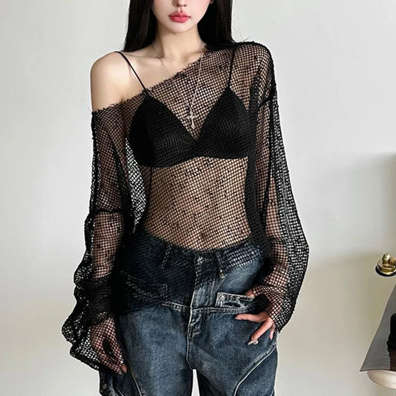 Sexy Club Mesh See Through T Shirt Women Black Hollow Out Long Sleeve Tees Female Summer Fashion Streetwear Basic Y2K Tops Lady