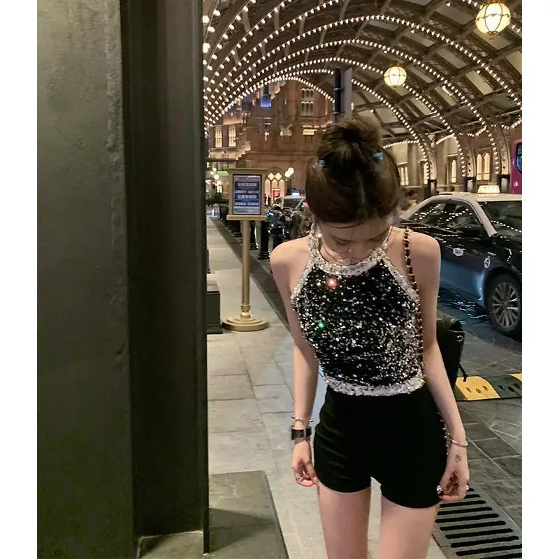 Sequin Camis Woman Crop Tops Y2K Tank Top Gothic Clothes Fashion Design Cute Shirts High Sense Hanging Neck Halter Vest