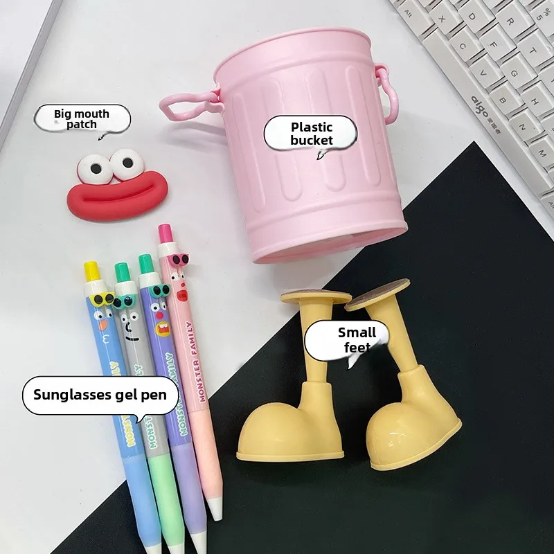 Big mouth plastic pencil holder with letter stickers Long legged desk cute funny pencil holder DIY Arbitrary combination pencil case pen holder pen and brush holder