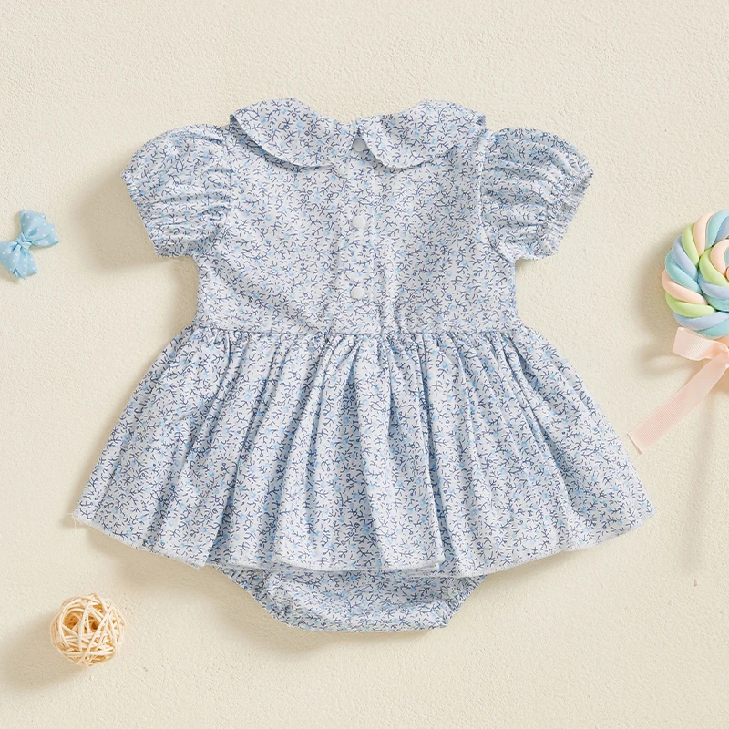 Newborn Baby Girl Summer Outfits Bow Embroidery Smocked Romper Dress Floral Short Sleeve Bodysuit Jumpsuit Clothes 3