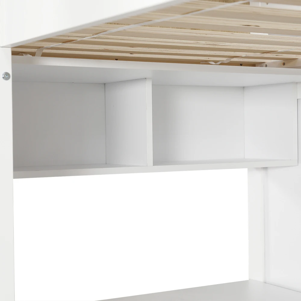 Etagenbett, Babybett mit buntem Fallschirmgitter, Schreibtisch mit 3 Schubladen, 4-stufiger Kleiderschrank, offenes Regal Kiefer + MDF 90 x 200 cm – Detail 16