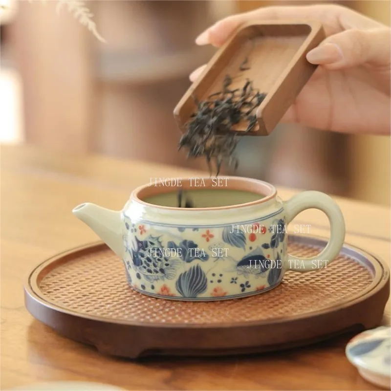 Antique Han Tile Teapot Blue and White Glazed Ceramic Household Tea Pot Chinese Lotus Pond Moonlight Teapot Underglaze Color