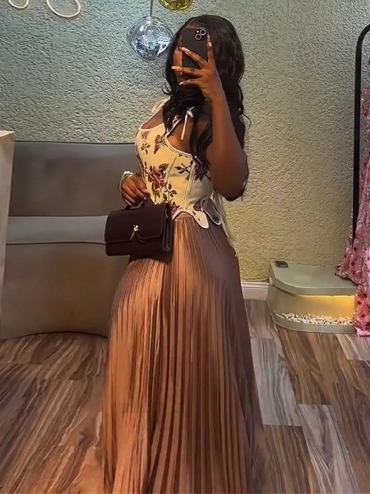 Wmstar Dress Sets Women Wholesale  Summer 2025 New Sweet Floral Print Vest High Waist Pleated Skirt Two Piece Set Dropshopping