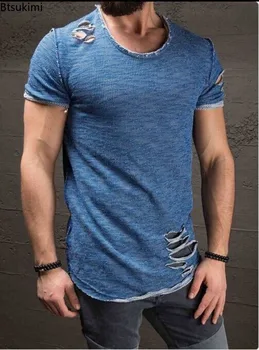 T-shirt a maniche corte da uomo nuove girocollo casual top estivi basic moda hip hop streetwear fori strappati camicie sportive da corsa
