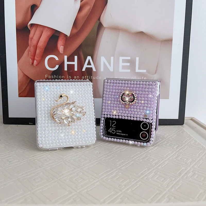 Case For Samsung Galaxy Z Flip 4 Z Flip 3 DIY Sparkling Pearl Crown Swan Hard Mobile Phone Case Cover