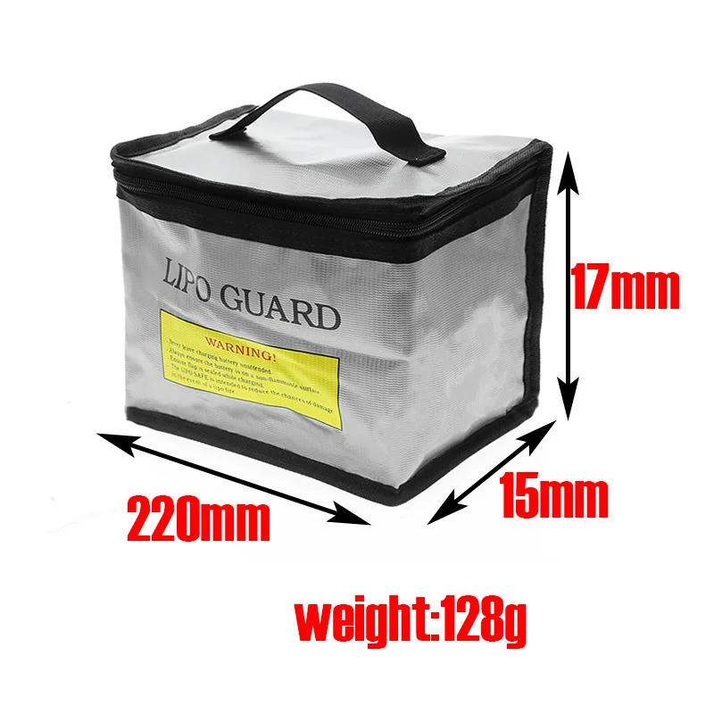 Sac de transport ignifuge pour batterie LiPo, vue latérale avec poignée et fermeture éclair.