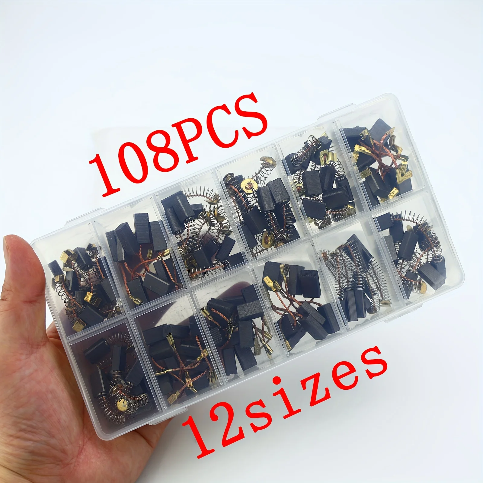 108개의 카본 브러쉬, 전동 공구 카본 브러쉬 세트 교체 부품, 12가지 다른 크기로 제공되며, 전동 공구의 유지 관리 및 교체에 완벽한 선택입니다.