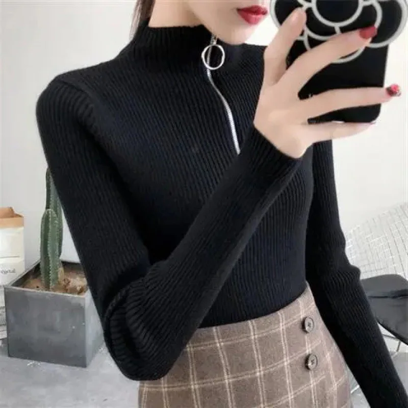 

Zipper Half High Neck Sweater Pullovers Knitted Women Autumn Winter Basic Sweaters Slim Solid Knitwear Pull Femme Tee Tops 2023