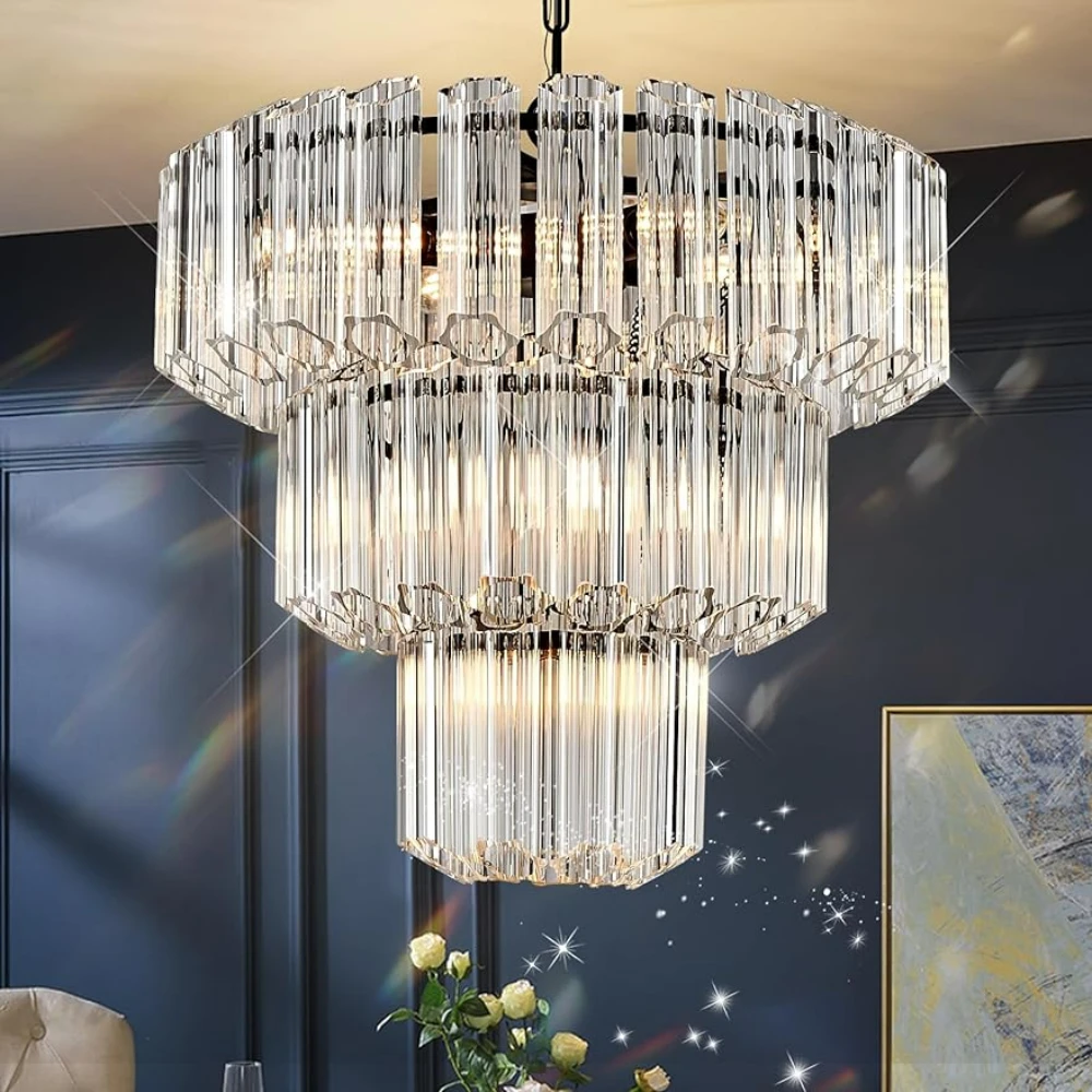 

Black Crystal Chandelier Luxury Round Chandelier Light Fixture 3 Tiers 7-Light Ceiling Pendant Light Fixture for Dining