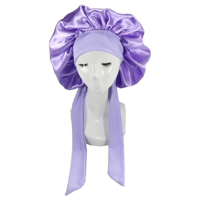 Bonnet Sleep Cap Women Satin Solid Sleeping Hat Silky Bonnets With Tie Bands Elastic Shower Cap  For Curly Hair Bonnets Nightcap 6