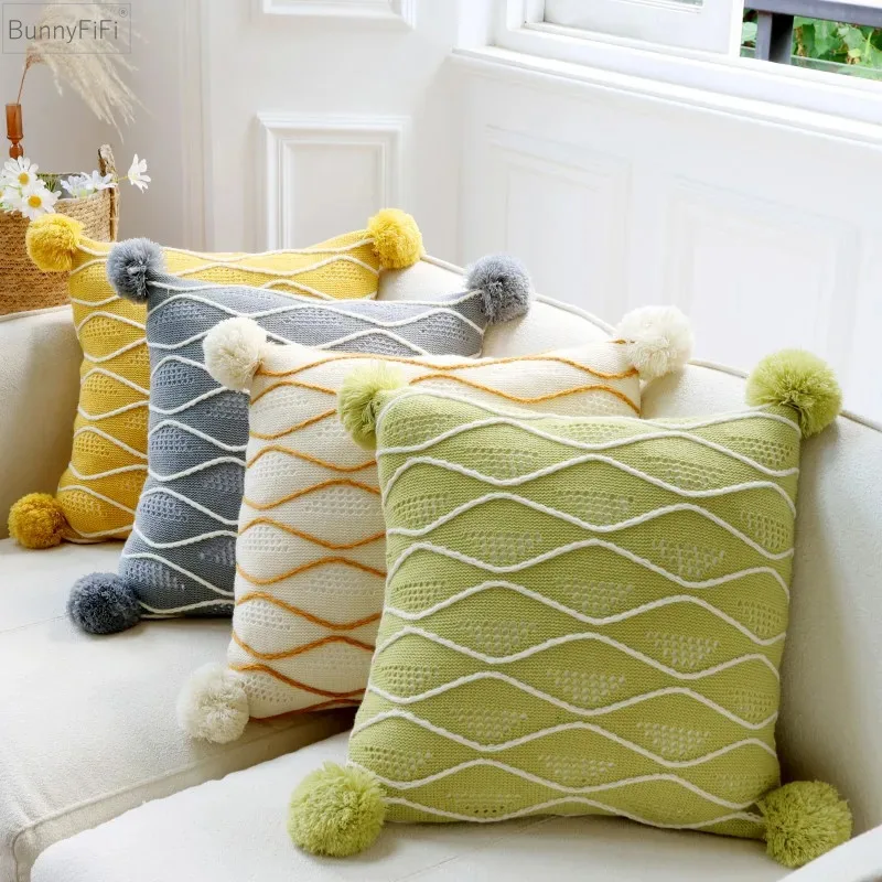 

Knitted Cushion Cover Beige Grey Pillow Case With PomPom Ball Decoration For Sofa Bed Room Home Deco 43*43cm Pillow Sham