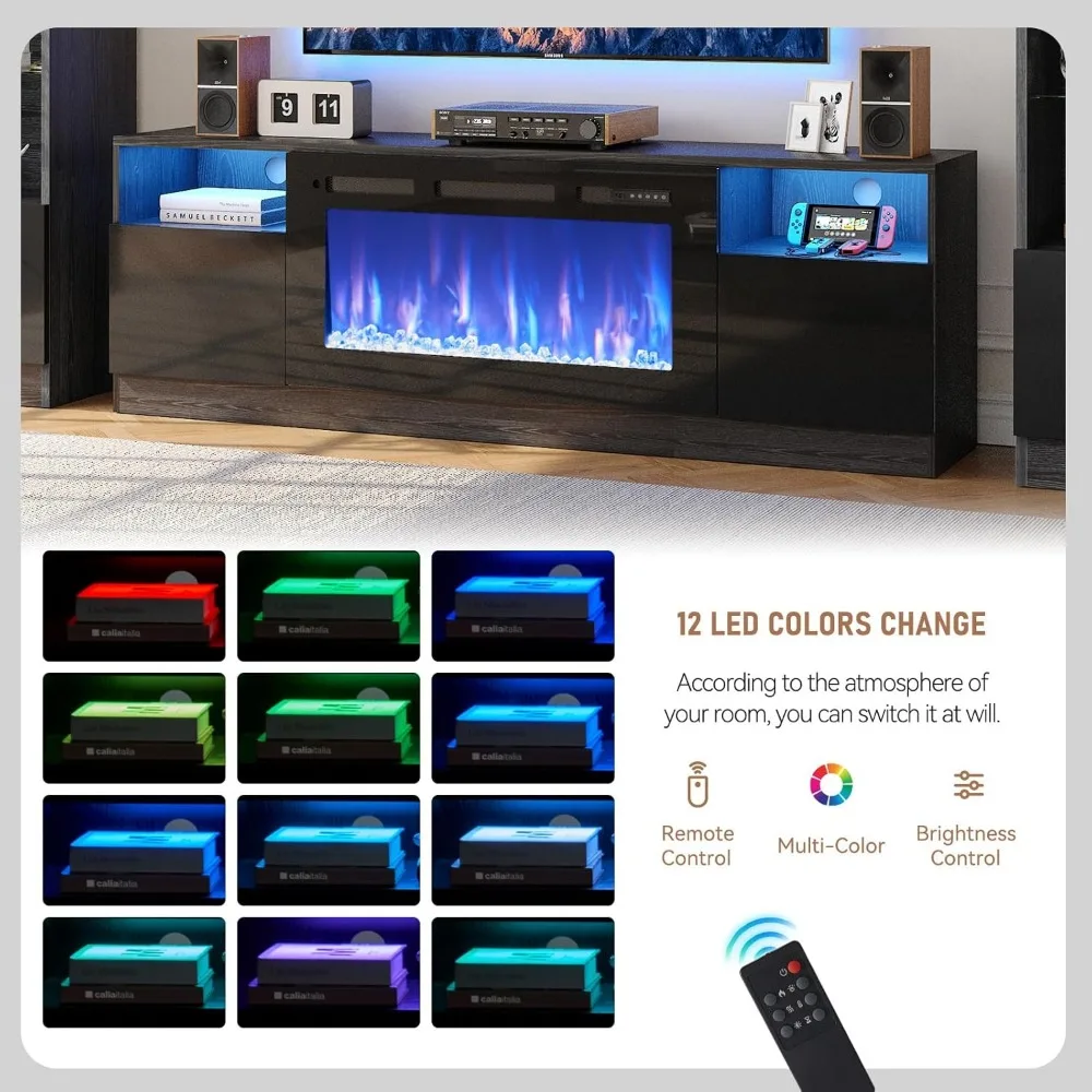 Fireplace TV Cabinet with 36 Inch Electric Fireplace, LED Lights Entertainment Center, 2-story TV Console Bracket 3