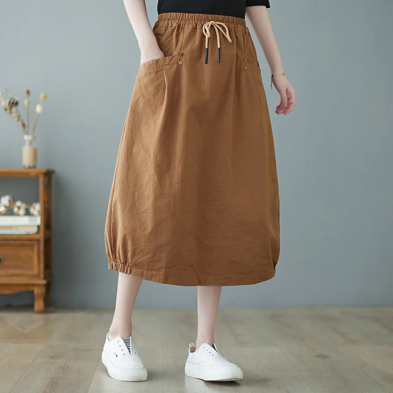 

2023 New Arrival High Waist Spring Summer Skirts Cotton Pockets Button Office Lady Work Midi Skirts Fashion Women Casual Skirts