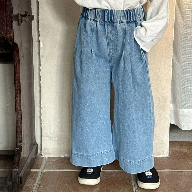 

Модные детские джинсовые брюки с широкими штанинами, осень 2024, короткие джинсы для мальчиков и девочек, универсальные повседневные джинсовые брюки