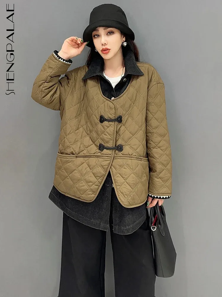 

SHENGPALAE Fake 2 Piece Quilted Coat For Women Winter 2023 New Denim Spliced Diamond Lattice Thicken Cotton Padded Jacket 5R8211