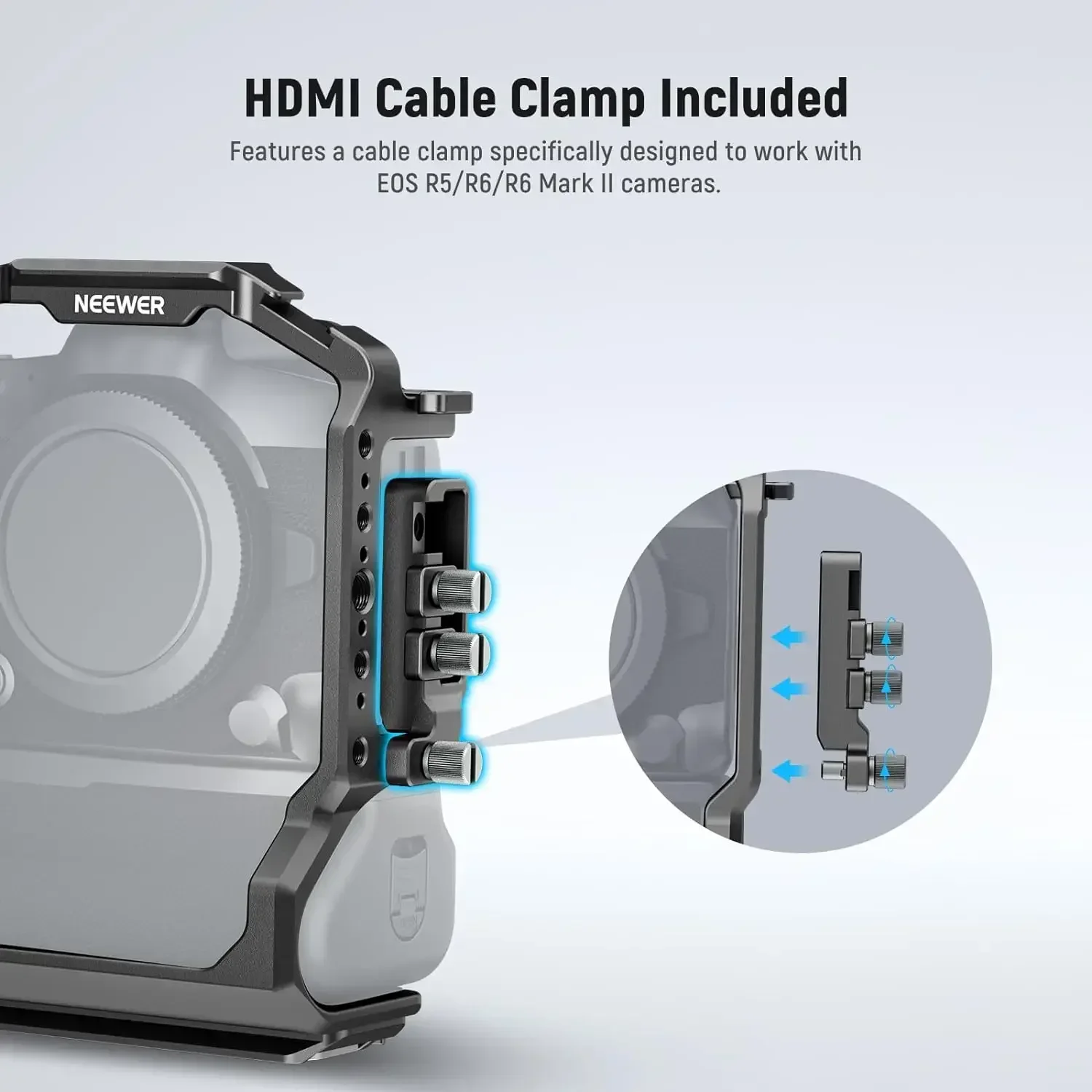2026년형 NEEWER 카메라 케이지 (EOS R5, R5 C, R6, R6 II 및 BG-R10 배터리 그립용) HDMI 케이블 클램프와 콜드슈 포함