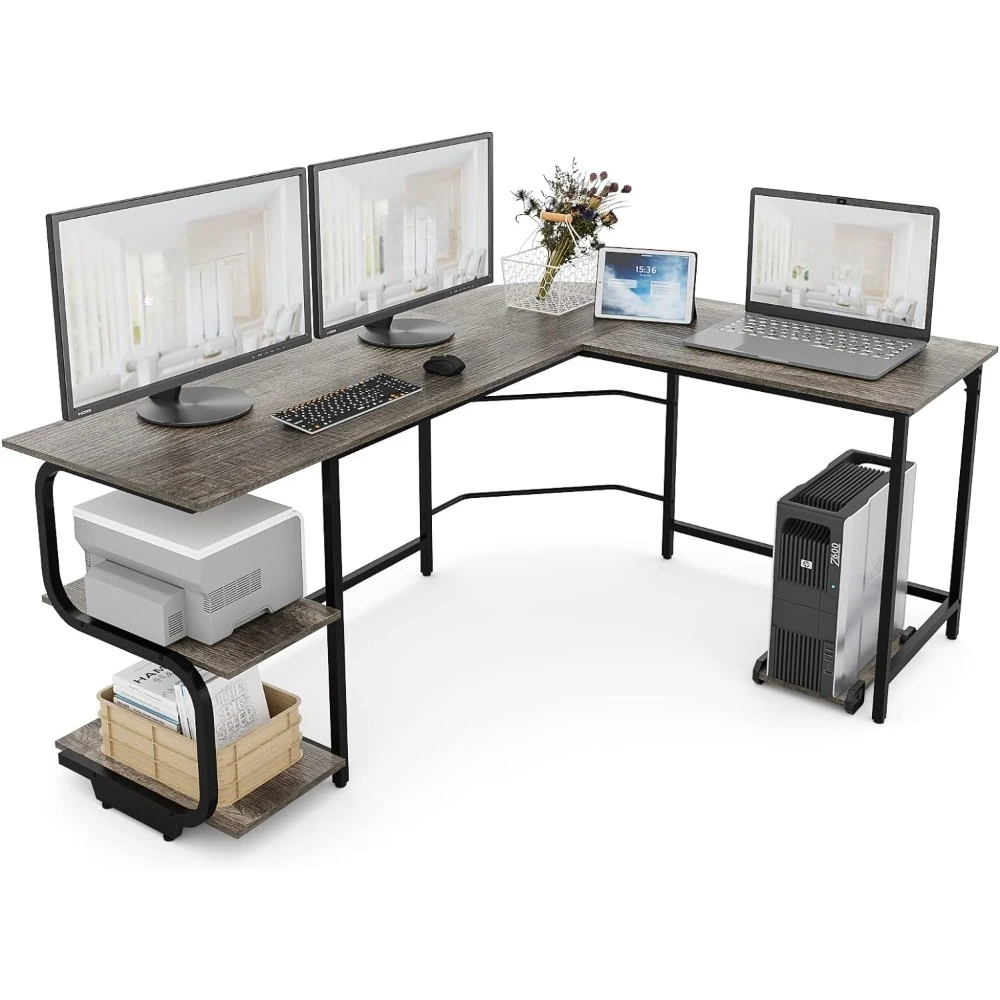 

Reversible L Shaped Desk, 61 Inch Sturdy Corner Desk with Storage Shelves, Premium Office Computer Desk Workstation for Home