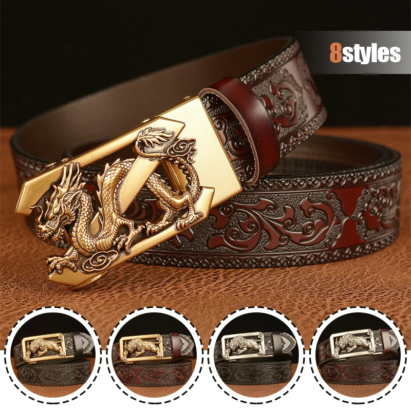 Ethnic Style Embossing Retro Male Belts For Men Business Cowhide Genuine Leather Belt Dragon Pattern Automatic Buckle Strap 35mm genuine leather belt pure titanium automatic roller buckle casual retro top grain cowhide durable waistband 105 130cm