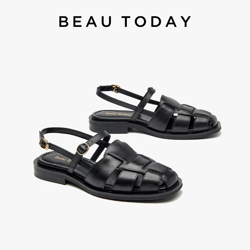 

BEAUTODAY Platform Gladiator Sandals Women Genuine Cow Leather Solid Buckle Metal Decoration Summer Ladies Flats Handmade 32406