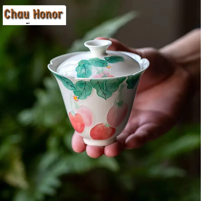 125ml Boutique Hand Painted Strawberry Gaiwan Ancient Tea Tureen Tea Bowl With Lid Kit Tea Making Cover Bowl Teaware Craft Gifts