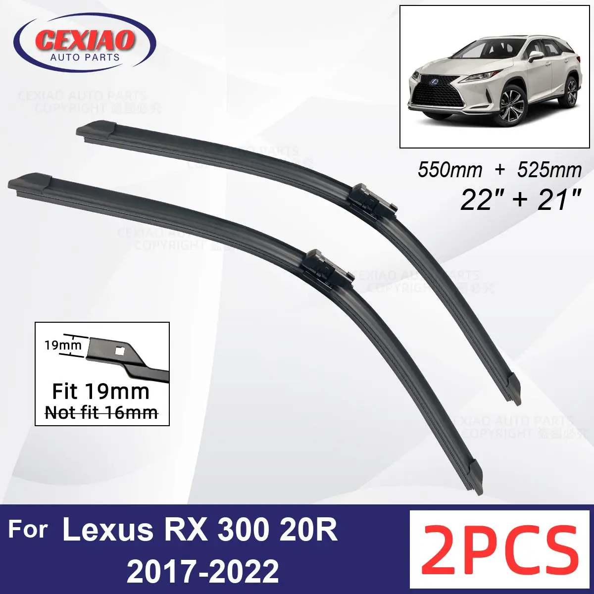 

Автомобильный стеклоочиститель для Lexus RX 300 20R 2017-2022, мягкие резиновые стеклоочистители для лобового стекла автомобиля, 22 дюйма + 21 дюйм 550 мм + 525 мм