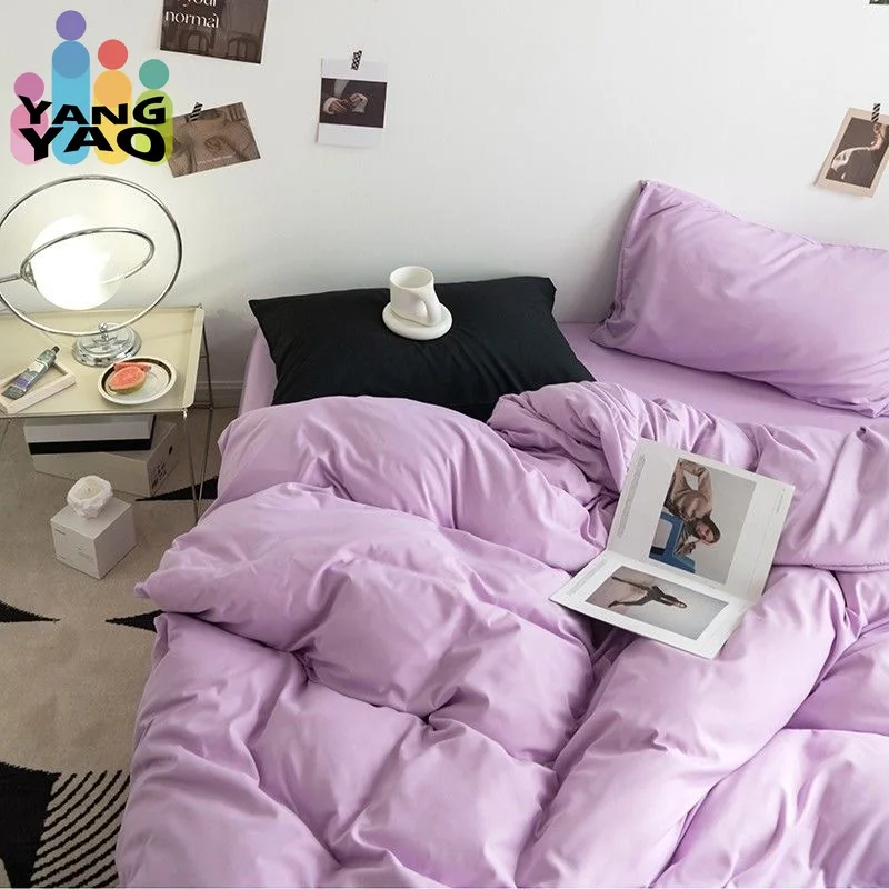 

Girls Purple Duvet Cover Set Twin Full Queen Size Soft Flat Sheet Pillowcase Bed Linen Princess Style Solid Color Bedding Set
