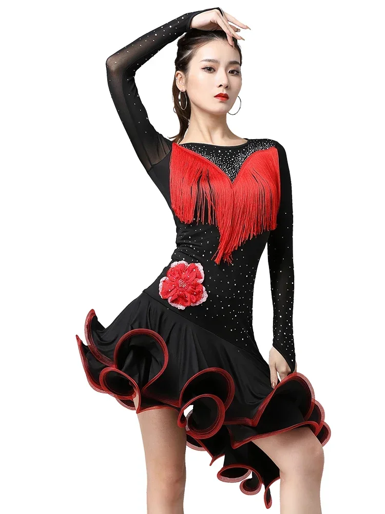 

Latin Dance Dress Women Stage Performance Clothing Ballroom Dance Skirt Competition Dance Clothes Rumba Group Sexy Fringe Skirt