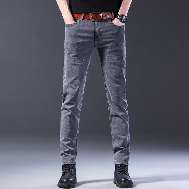 2024 Classic Men’s High Street Fashion Small Foot Skinny Jeans Stretch Soft Straight Leg Versatile Denim Trousers Gray Male 2