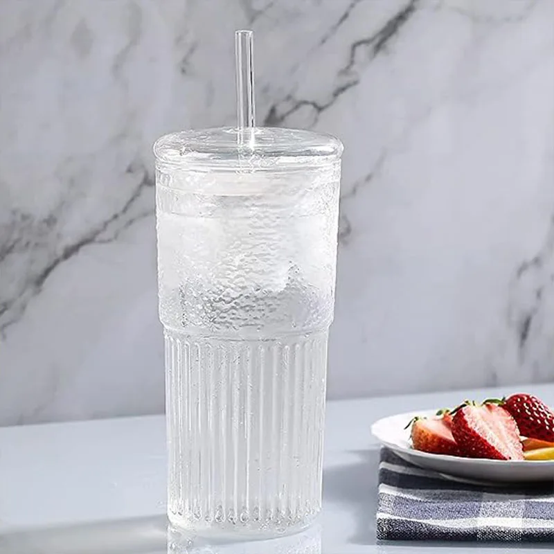 550ml Stripe Glass Cups With Lids and Glass Straws Ribbed Tumbler