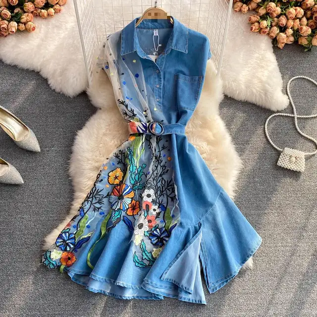 Summer Mesh Patchwork Denim Dress Women Polo Neck Short Sleeve Harajuku  Gothic Bandage Jeans Dress Sexy Club Party Mini Dresses - AliExpress